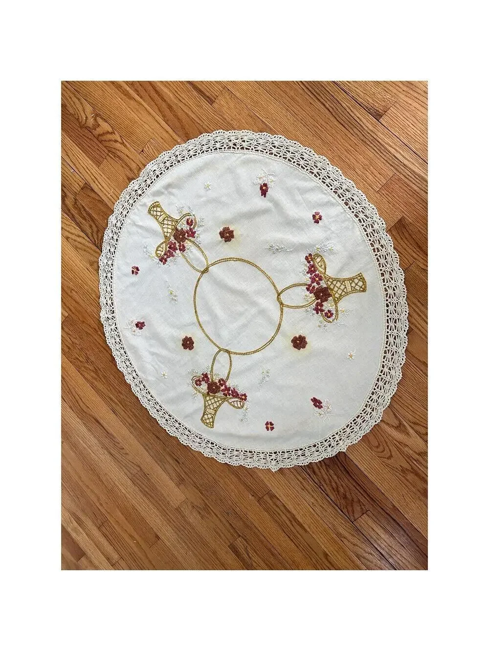 Vintage Embroidered Linen Doily | Floral Crochet Lace Table Topper